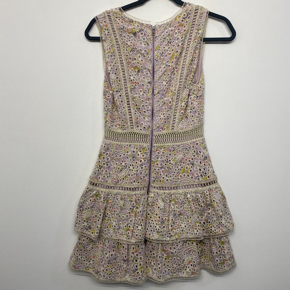 Alice + Olivia Tonie Tiered Floral Mini Dress Purple Women's 0 Eyelet Lace - Picture 9 of 13